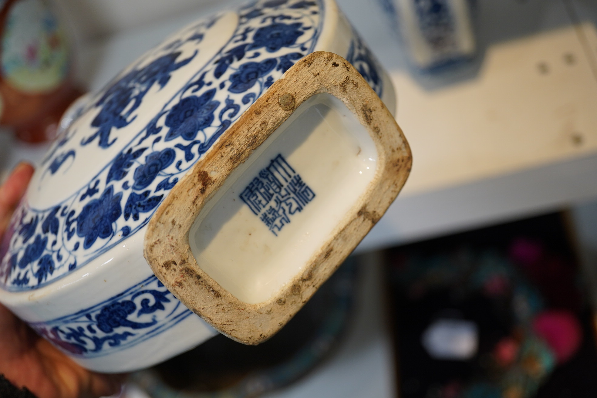 A near pair of Chinese blue and white moonflasks, bianhu, Daoguang seal marks and of the period (1821-50)
